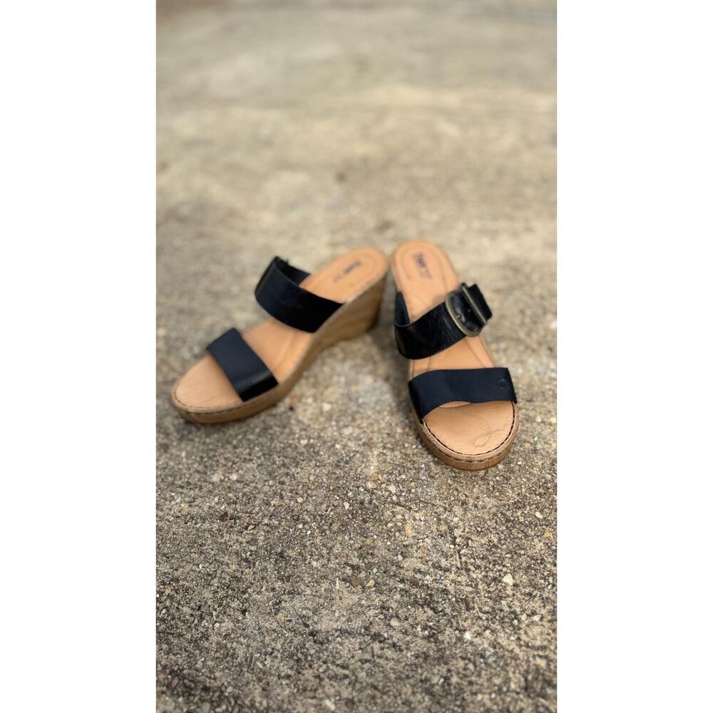 Born Womens 10 M Black Leather Wedge Sandals Buckle Slip On Comfort Shoes